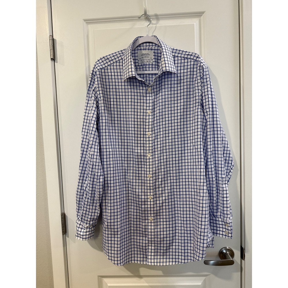 Charles Tyrwhitt Slim Fit Non Iron Dress Shirt Blue White Check 17.5 36 Mens